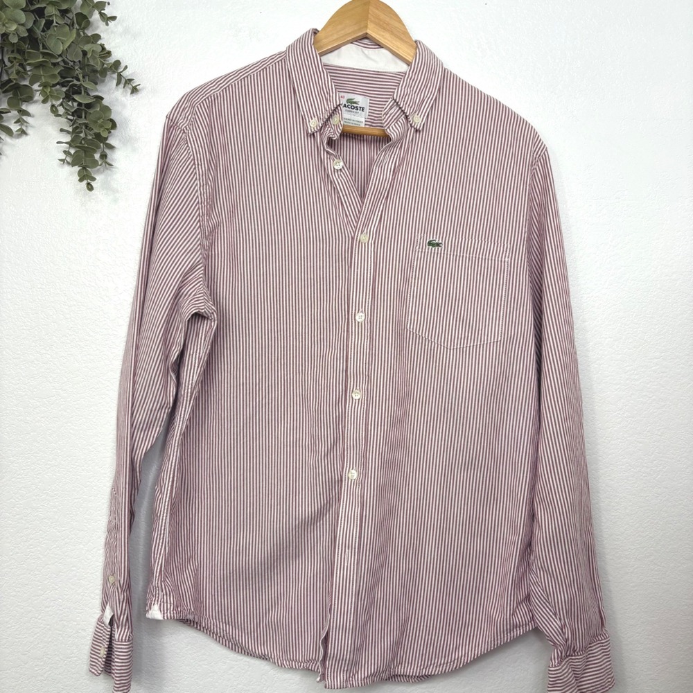 Lacoste Mens Classic Fit Striped Button Down Shirt Burgundy White Size 40